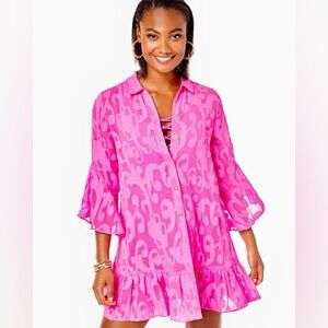 Lilly Pulitzer Linley Coverup Plumeria Hot Pink Poly Crepe Swirl Clip Dress XL